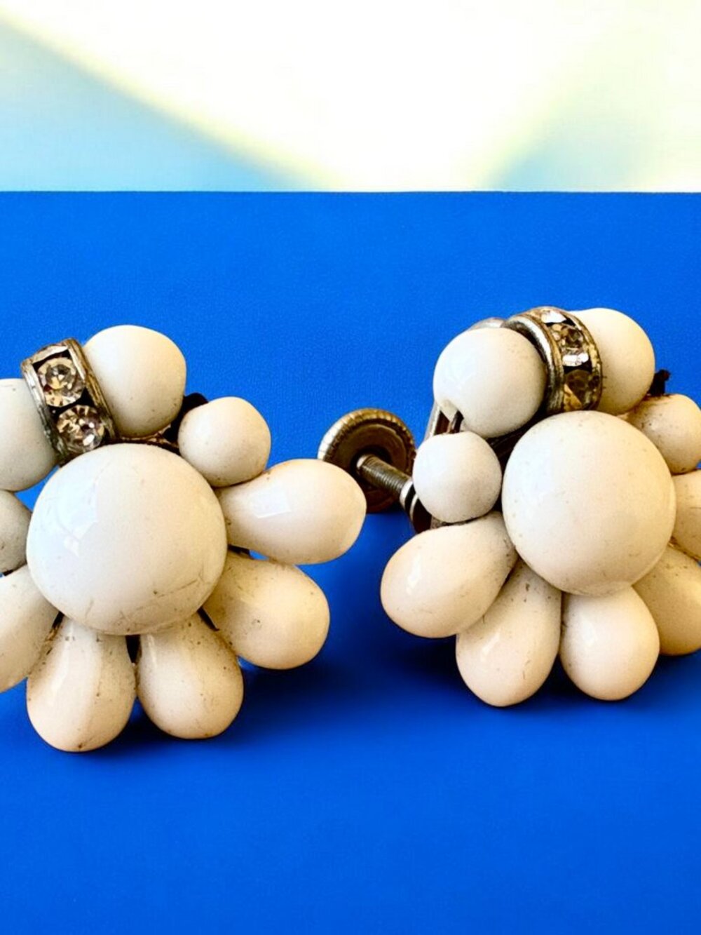 White Milk Glass Flower Earrings Bead + Rhinestones Screw Back West Germany Vtg